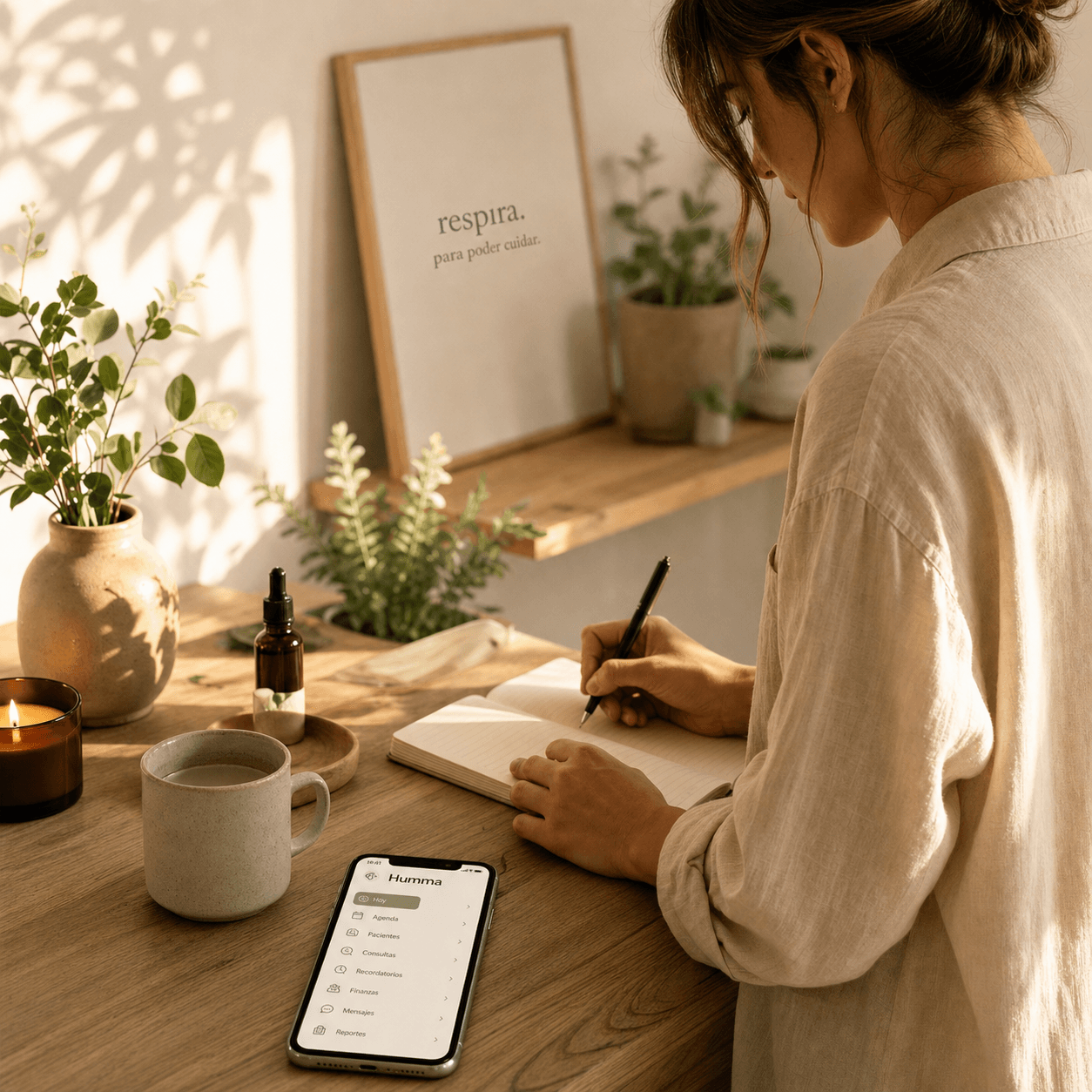 Terapeuta escribiendo en su cuaderno junto a una taza, plantas y HUMAA en su teléfono